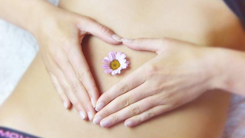 Bauch einer Frau. Sie hat die Hände so über dem Bauchnabel gelegt, dass sie ein Herz formen. In ihrem Bauchnabel steckt die Blüte eines Gänseblümchens.