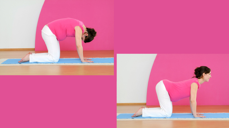 Une femme en t-shirt rose est à quatre pattes et fait un exercice de yoga.