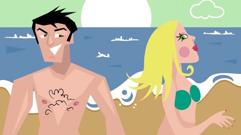 Schönheit, Pflege, Kosmetik: Zeichnung eines Mannes und einer Frau am Strand