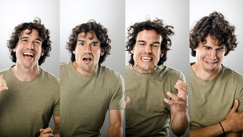 Emotionen, Gefühle: Freude, Angst, Wut und Trauer, dargestellt von einem Schauspieler