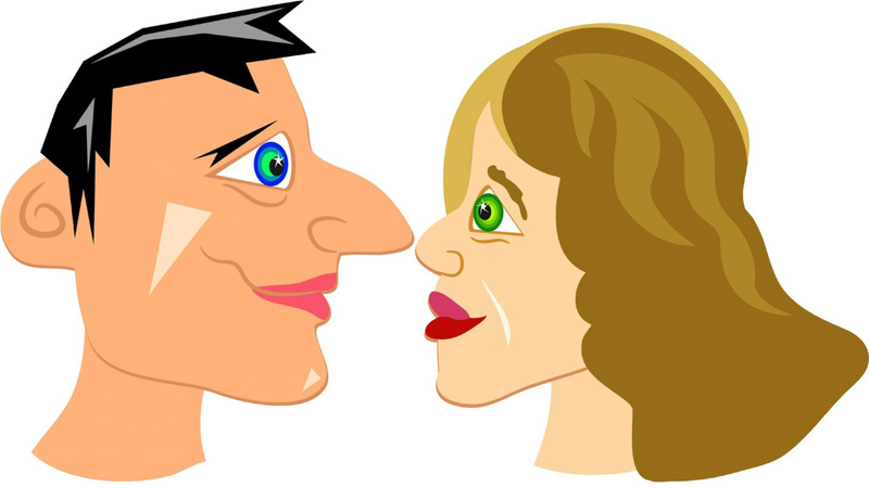 Zwei gezeichnete Gesichter im Comic-Stil. Links ein Mann, rechts eine Frau. Sie sehen sich an.