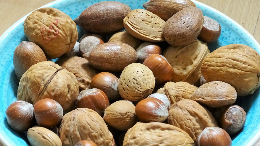 In einer hellblauen Schüssel liegen ganze Mandeln, Haselnüsse und Walnüsse
