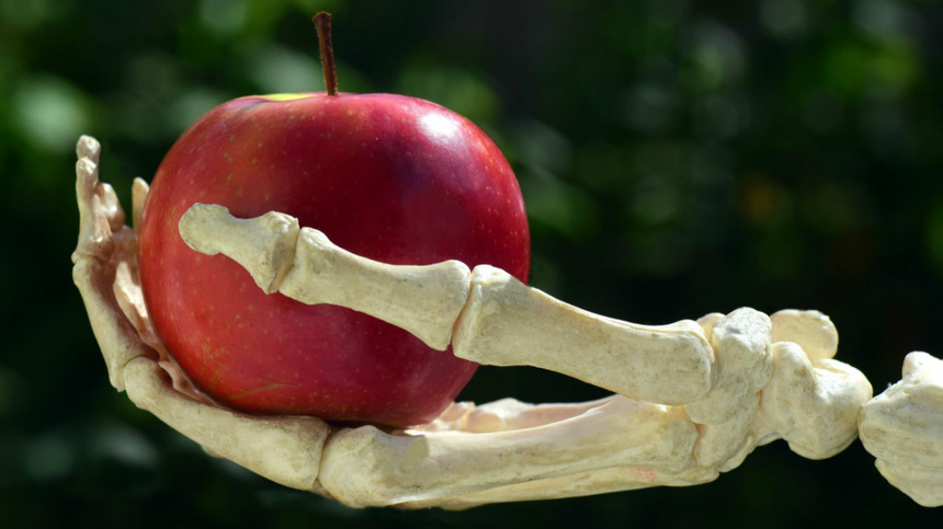 Une pomme dans une main de squelette