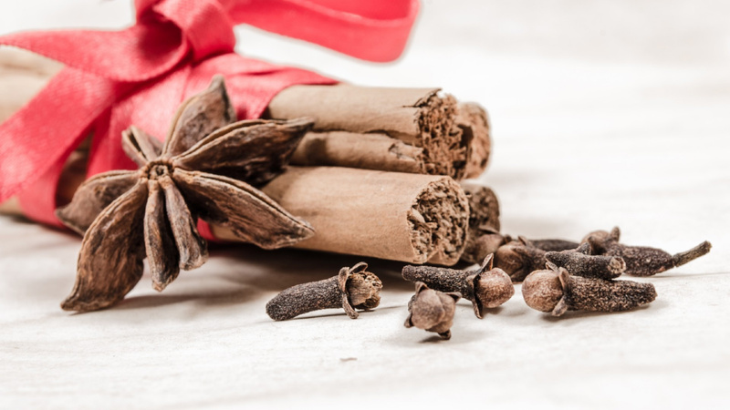 Ernährung, Gewürze, Weihnachten: Zimtstangen, mit einem roten Geschenkband zusammengehalten, ein Sternanis sowie mehrere Nägeli