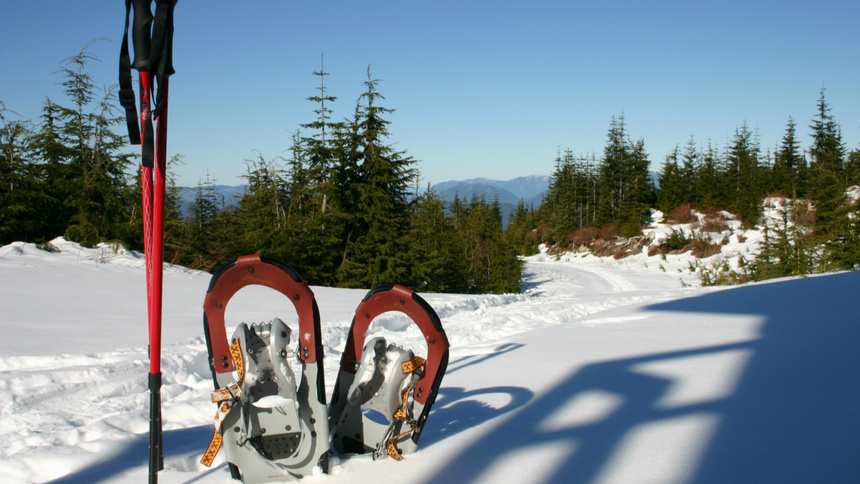 Des raquettes à neige sont plantées dans la neige
